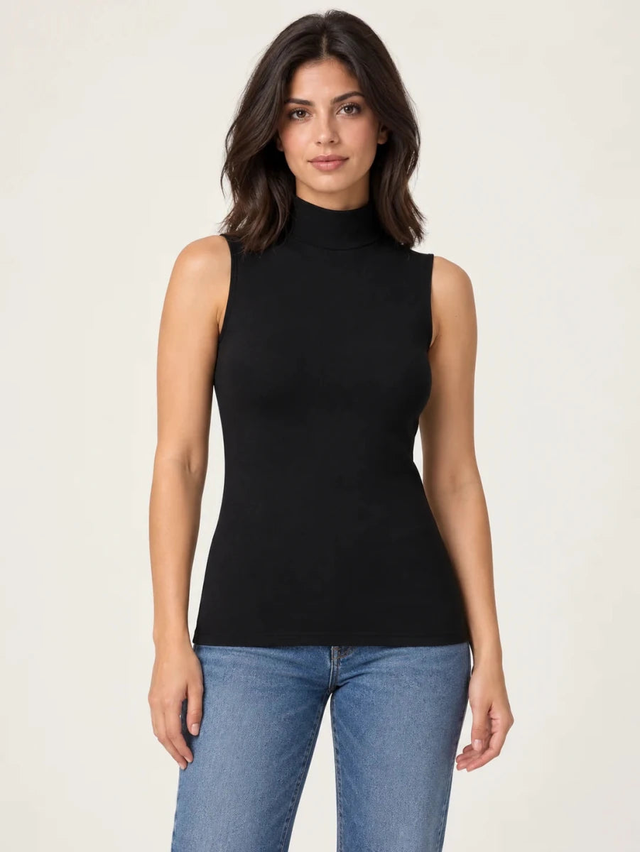 Black stretch-cotton sleeveless mock-neck top worn untucked with blue jeans, front view