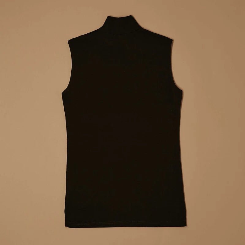 Black stretch-cotton sleeveless mock-neck top laid flat, back view