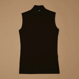 Black stretch-cotton sleeveless mock-neck top laid flat, front view