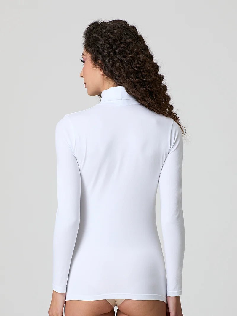 White stretch-cotton turtleneck long-sleeve top, fitted back view