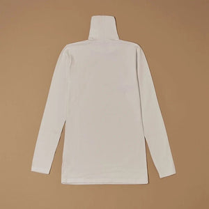White stretch-cotton turtleneck long-sleeve top laid flat, back view