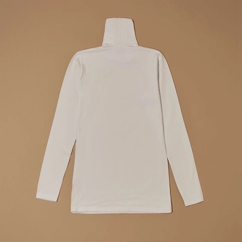 White stretch-cotton turtleneck long-sleeve top laid flat, back view