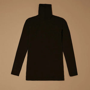 Black stretch-cotton turtleneck long-sleeve top laid flat, front view