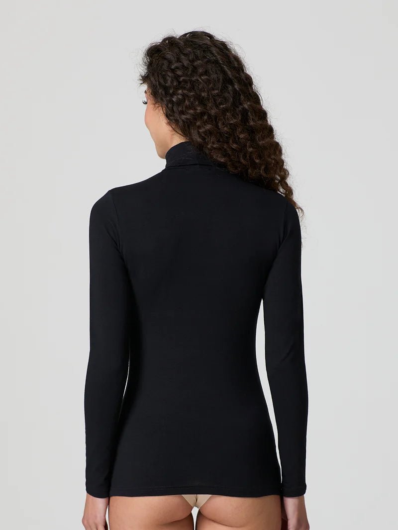 Black stretch-cotton turtleneck long-sleeve top, fitted back view