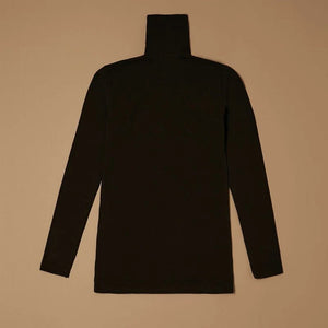 Black stretch-cotton turtleneck long-sleeve top laid flat, back view