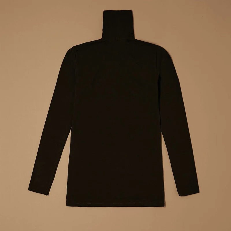 Black stretch-cotton turtleneck long-sleeve top laid flat, back view