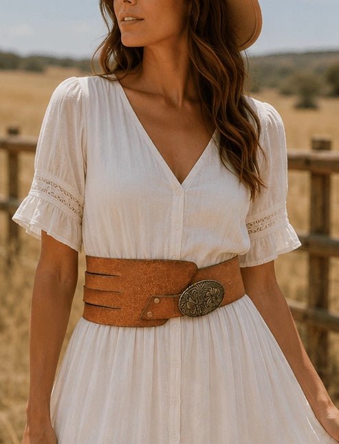 Tan Corset - Style Leather Belt with Engraved Statement Buckle - ELLY