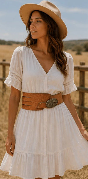 Tan Corset - Style Leather Belt with Engraved Statement Buckle - ELLY