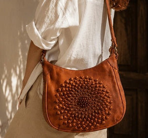 Tan Radial Sculpted Leather Crossbody - ELLY