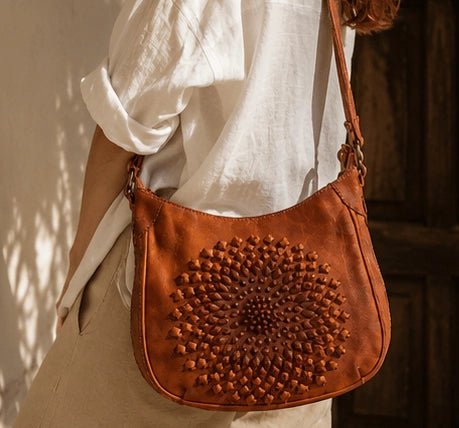 Tan Radial Sculpted Leather Crossbody - ELLY
