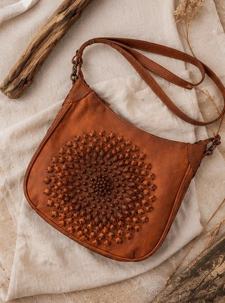 Tan Radial Sculpted Leather Crossbody - ELLY