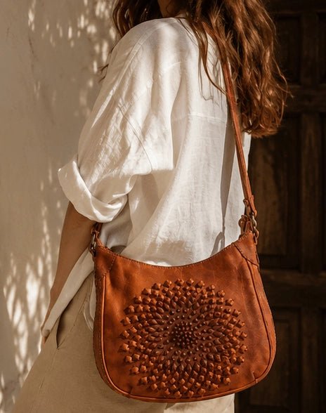 Tan Radial Sculpted Leather Crossbody - ELLY