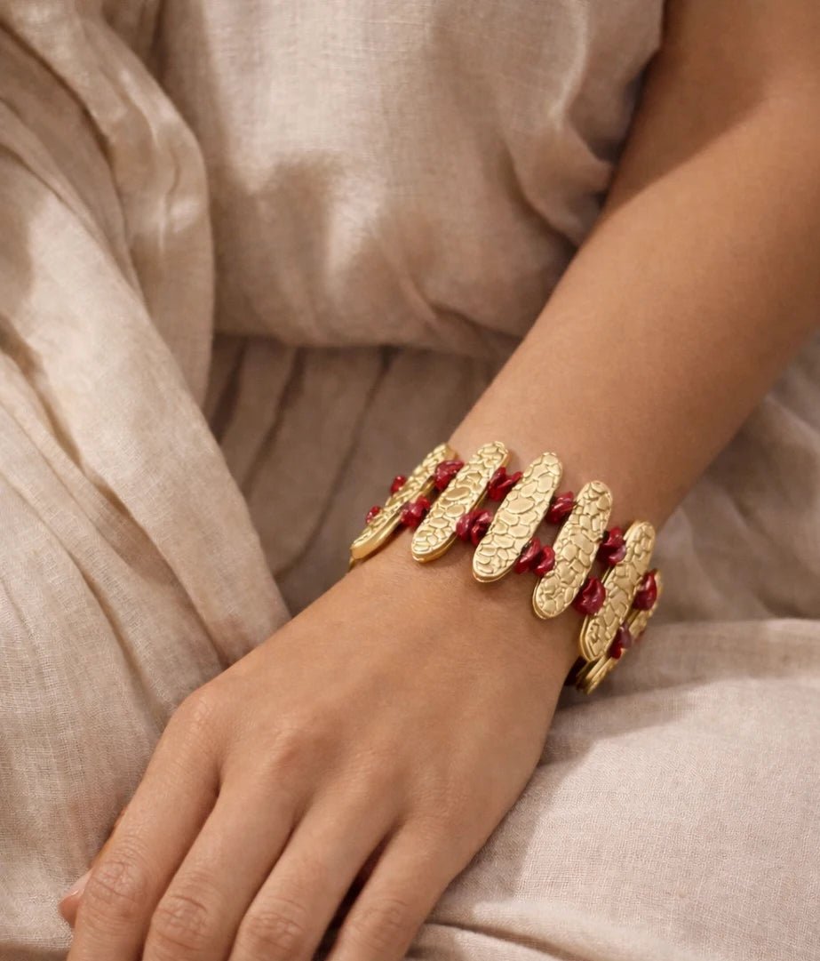 Textured Gold & Coral Stone Statement Bracelet - ELLY
