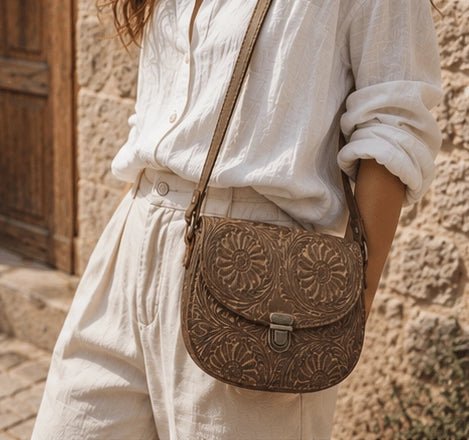 Tooled Floral Leather Crossbody Bag – Tan Brown - ELLY