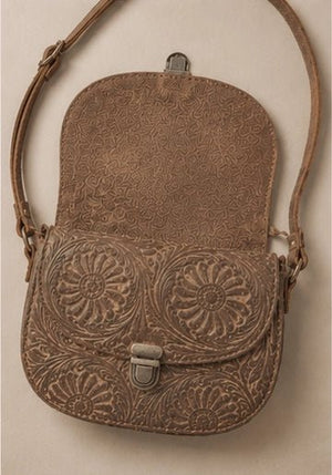 Tooled Floral Leather Crossbody Bag – Tan Brown - ELLY
