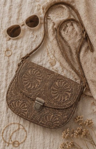 Tooled Floral Leather Crossbody Bag – Tan Brown - ELLY