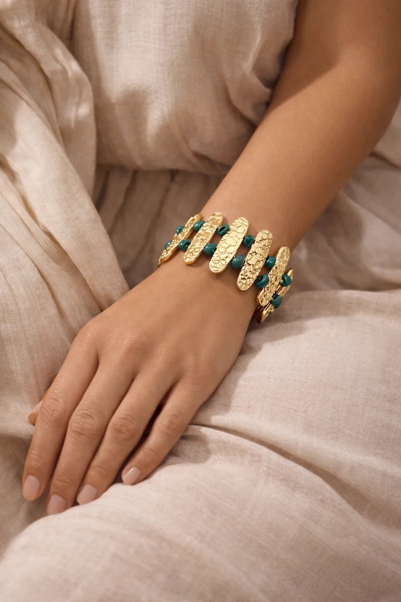 Turquoise Accent Textured Gold Bracelet - ELLY