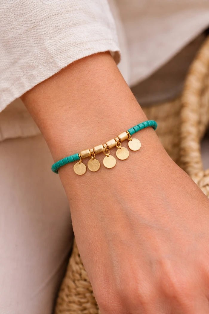 Turquoise Beaded Bracelet with 18 Karat Gold - Plated Coin Charms - ELLY