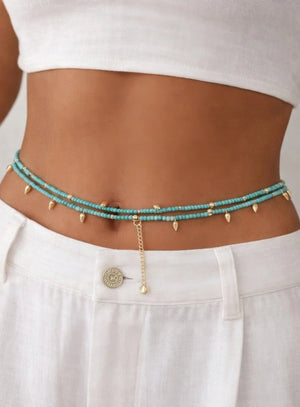 Turquoise Beaded Convertible Necklace, Bracelet & Belt with Gold Charms - ELLY