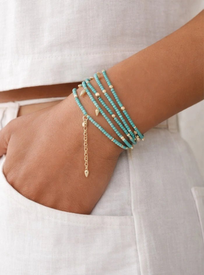 Turquoise Beaded Convertible Necklace, Bracelet & Belt with Gold Charms - ELLY
