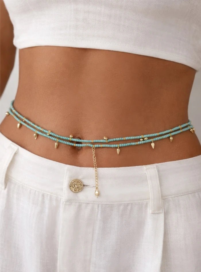 Turquoise Beaded Convertible Necklace, Bracelet & Belt with Gold Charms - ELLY