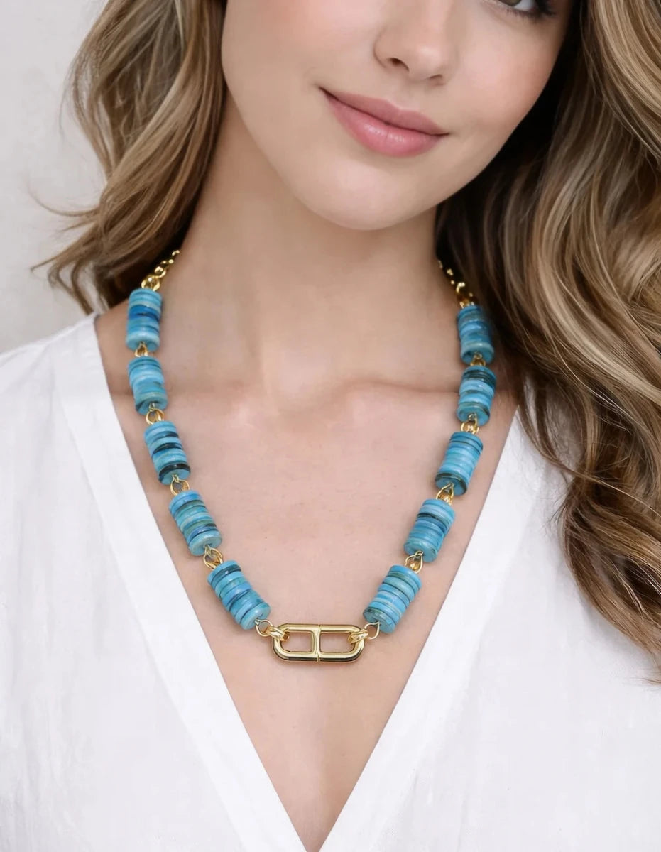 Turquoise Blue Nacre Stone Necklace – Gold Plated - ELLY