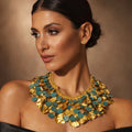 Turquoise Coin & Gold Leaf Statement Necklace - ELLY