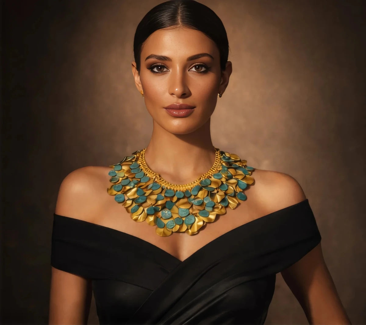 Turquoise Coin & Gold Leaf Statement Necklace - ELLY