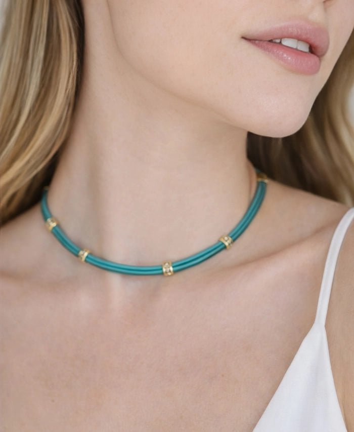 Turquoise Genuine Leather Choker with Gold - Plated Details - ELLY