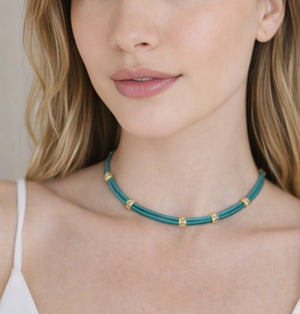 Turquoise Genuine Leather Choker with Gold - Plated Details - ELLY