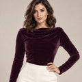Vela velvet draped-neck bodysuit in Bordeaux, full view, Made in Italy