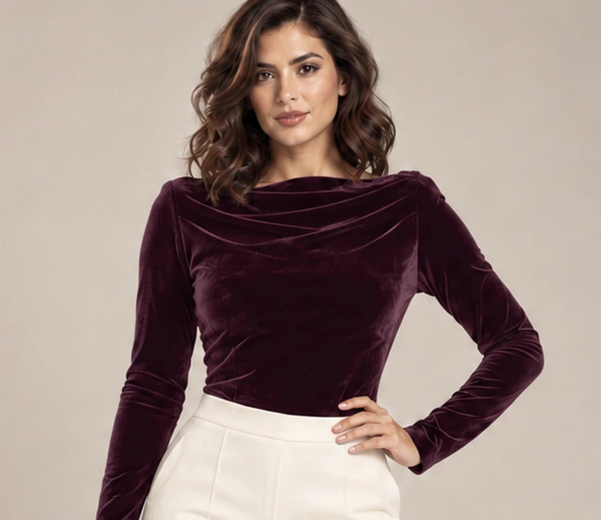 Vela velvet draped-neck bodysuit in Bordeaux, full view, Made in Italy