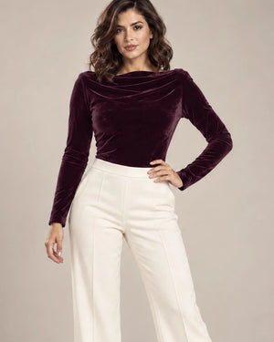 Vela velvet draped-neck bodysuit in Bordeaux, close-up view, Made in Italy