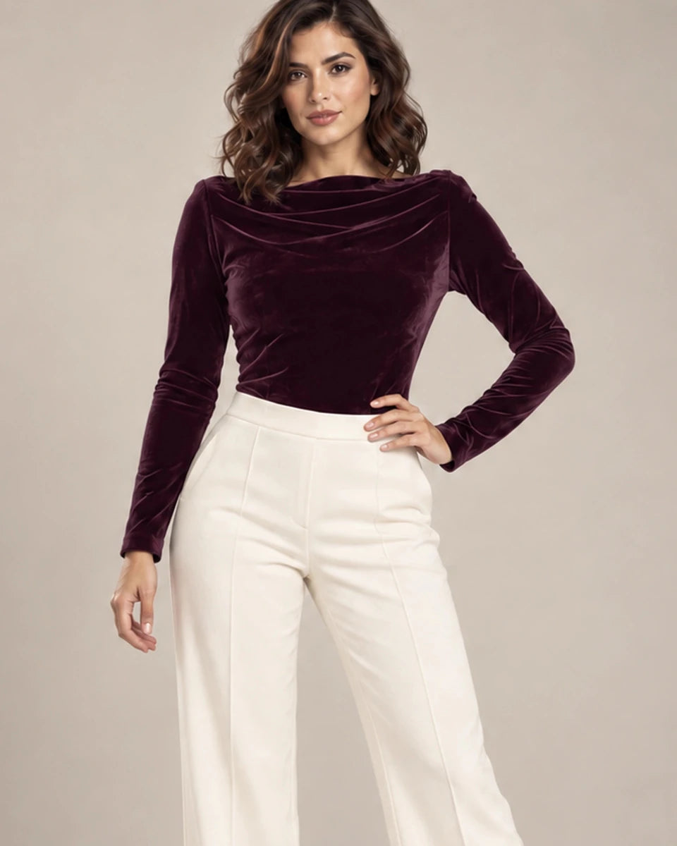 Vela velvet draped-neck bodysuit in Bordeaux, close-up view, Made in Italy