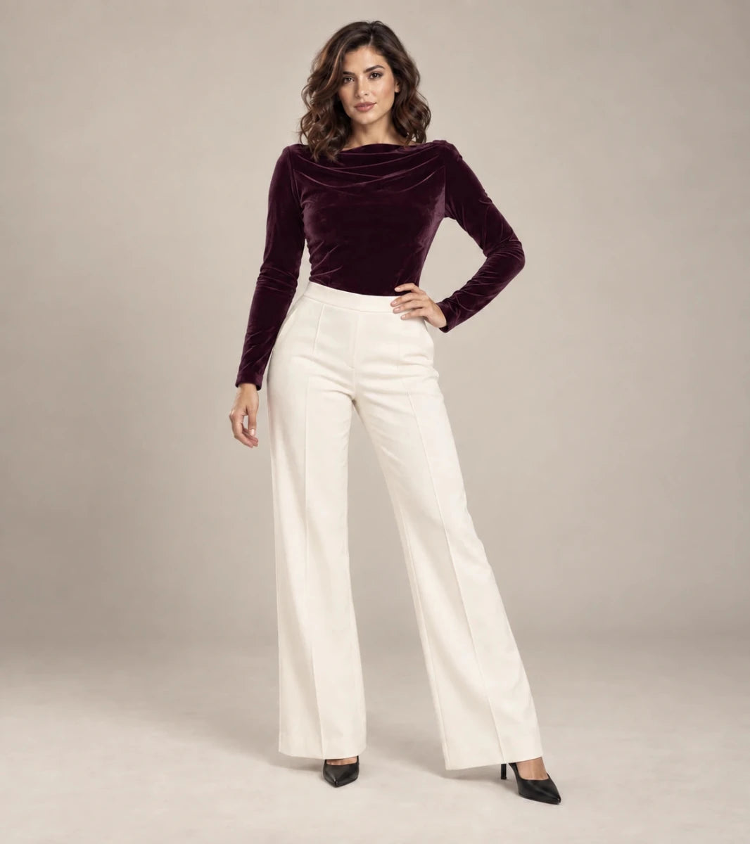 Vela velvet draped-neck bodysuit in Bordeaux, full view, Made in Italy