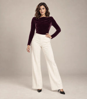 Vela velvet draped-neck bodysuit in Bordeaux, full view, Made in Italy