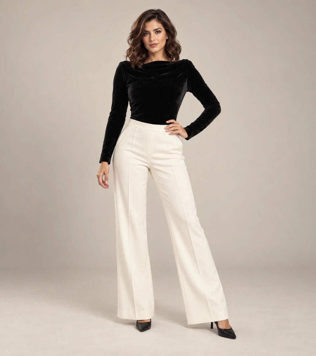 Vela velvet draped-neck bodysuit in Nero, full view, Made in Italy