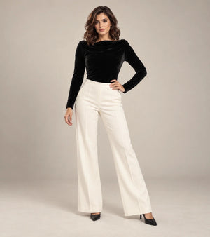 Vela velvet draped-neck bodysuit in Nero, full view, Made in Italy