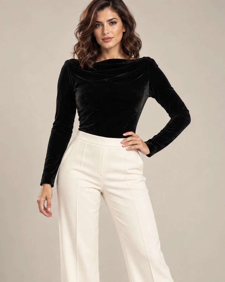 Vela velvet draped-neck bodysuit in Nero, close-up view, Made in Italy