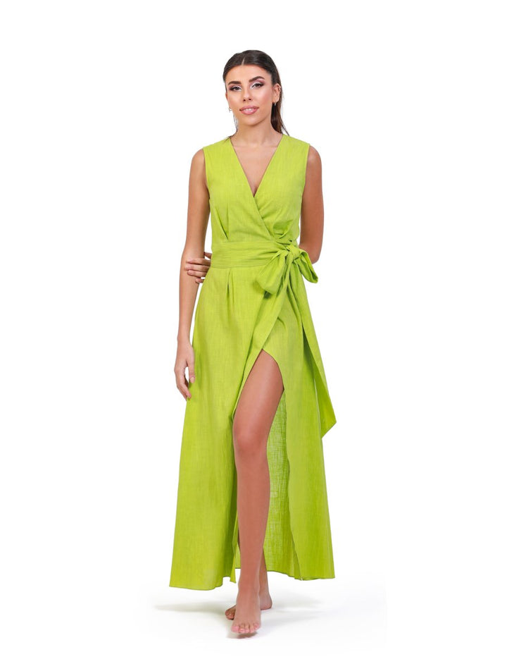 Verdant Elegance Green Linen Wrap Maxi Dress - ELLY