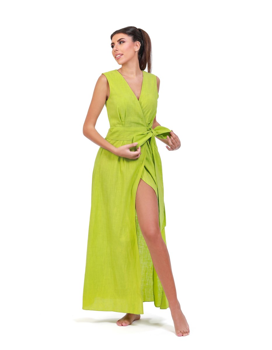 Verdant Elegance Green Linen Wrap Maxi Dress - ELLY