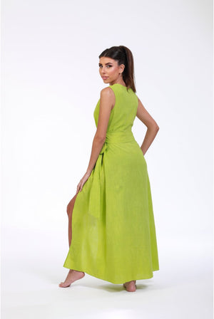 Verdant Elegance Green Linen Wrap Maxi Dress - ELLY