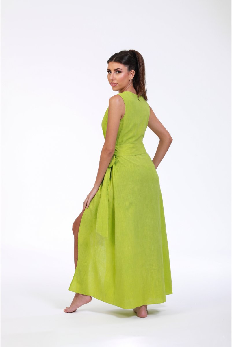 Verdant Elegance Green Linen Wrap Maxi Dress - ELLY