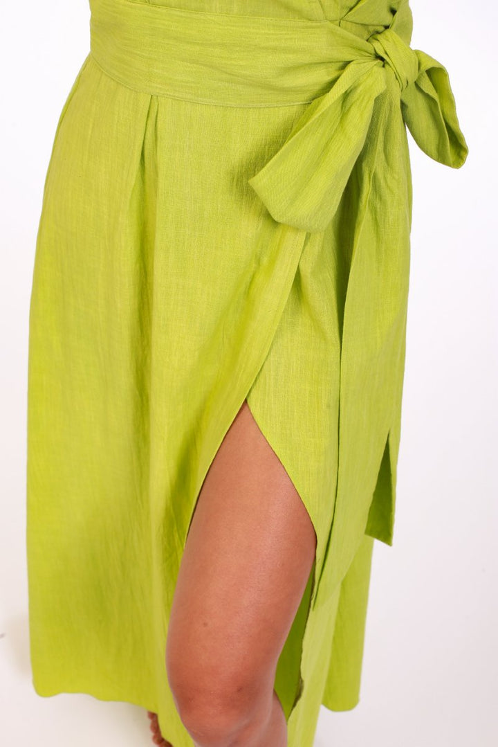 Verdant Elegance Green Linen Wrap Maxi Dress - ELLY