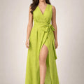 Verdant Elegance Green Linen Wrap Maxi Dress - ELLY