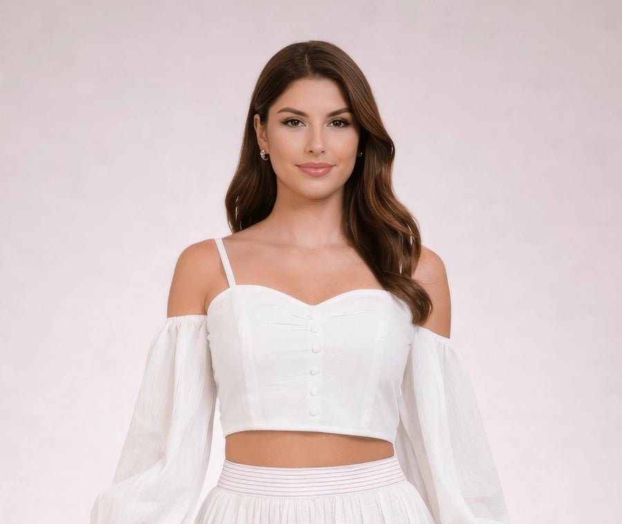 White Stonewashed Linen Balloon Sleeve Top - ELLY