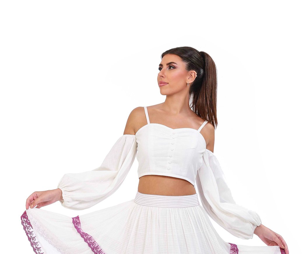 White Stonewashed Linen Balloon Sleeve Top - ELLY