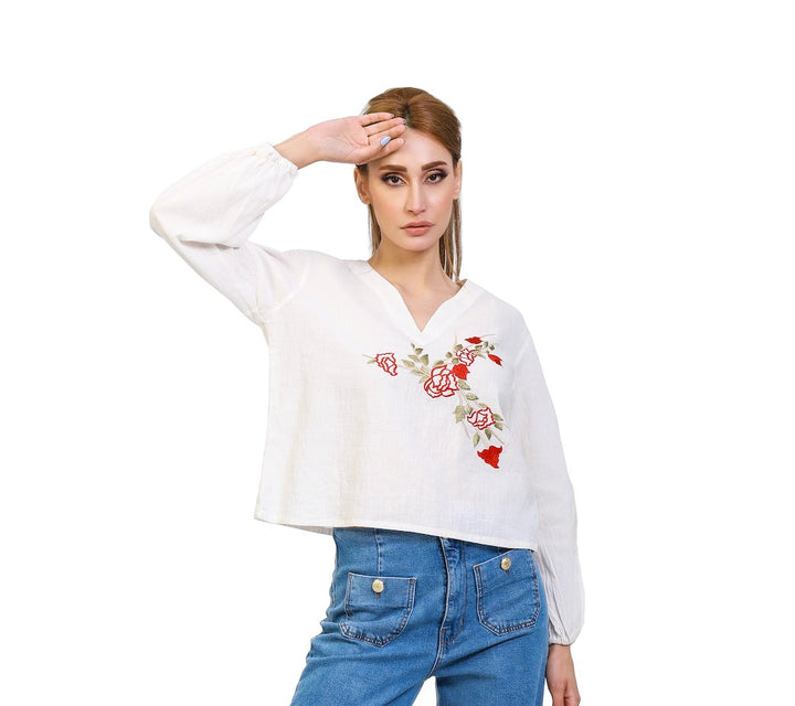 White Stonewashed Linen Blouse with Floral Embroidery - ELLY