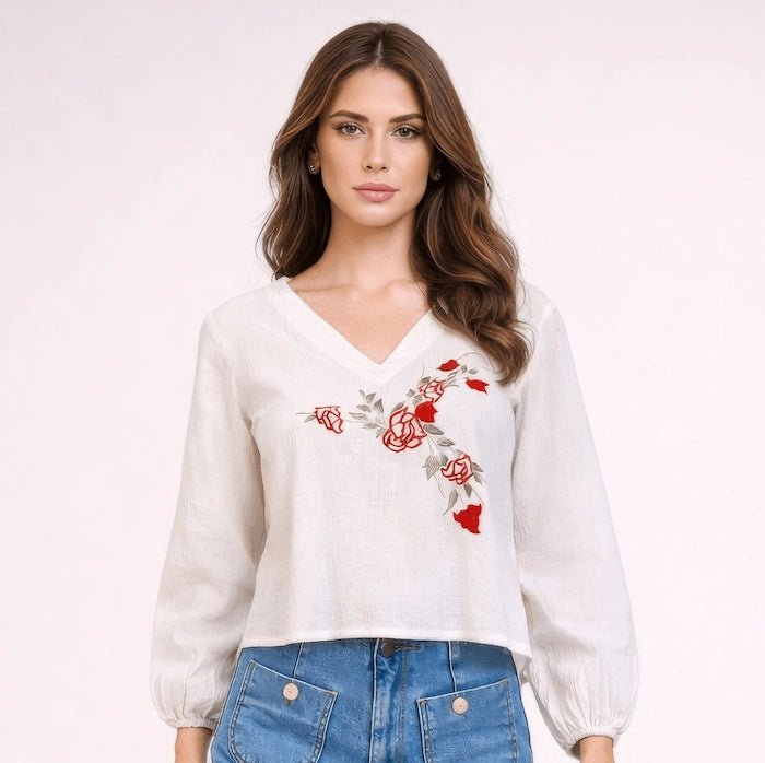 White Stonewashed Linen Blouse with Floral Embroidery - ELLY
