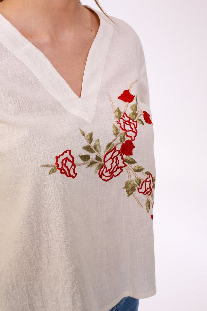 White Stonewashed Linen Blouse with Floral Embroidery - ELLY